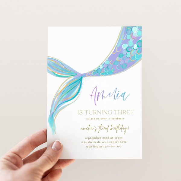 Any Age Mermaid Invitation, Editable Purple Blue Mermaid Birthday Invite, Modern Girl Mermaid B'day, Under The Sea Party, Digital Download