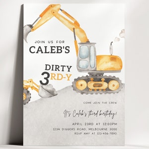 Dirty 3RD-Y bouw verjaardagsuitnodiging, bewerkbare sjabloon, bouwvrachtwagens 3e B'day uitnodigen, Digger Truck Party, digitale download