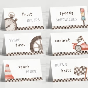 Racing Food Zelte, bearbeitbare Vorlage, Rennwagen-Party-Lebensmitteletiketten, Auto-Geburtstags-Speisezeltkarten, rotes Auto-Partydekor, Racing-Tischdekoration