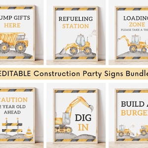 Bundle modifiable de signes de fête de la construction, camions de construction, signes de boissons de nourriture d&#39;anniversaire de camions de construction, signe de cadeaux de faveurs de camion de pelle, téléchargement numérique