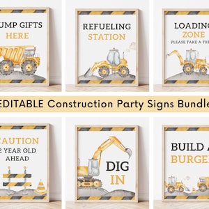 Editable Construction Party Signs Bundle, Construction trucks Birthday Food Drink Signs, Digger Truck Favors Gifts Sign, Digital Download