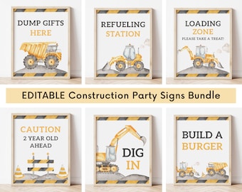 Editable Construction Party Signs Bundle, Construction trucks Birthday Food Drink Signs, Digger Truck Favors Gifts Sign, Digital Download