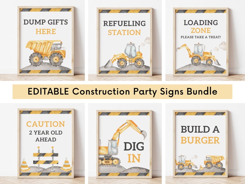 Editable Construction Party Signs Bundle, Construction Trucks Birthday ...
