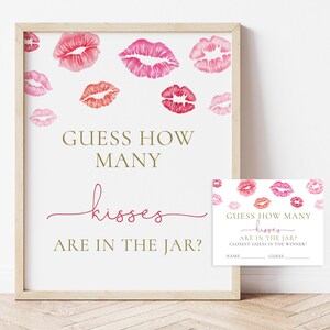 Hoeveel kussen zitten er in de pot Teken- en antwoordkaart, bord Valentijnsdag, vrijgezellenfeest, Kiss The Miss Bachelorette-raadspel, digitale download