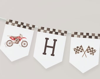 Red Dirt Bike Birthday Banner, Editable Template, Racing Dirt Bike Happy Birthday Garland, Dirt Bike Party Sign Decoration, Digital Download