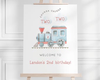 May include: A blue and red train with white clouds and the text "Chugga Chugga Two Two" and "Welcome to Landon's 2nd birthday!"