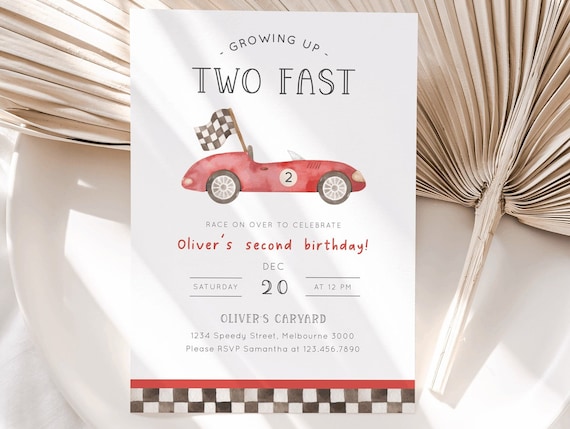 Growing Up 2 Fast Birthday Invitation, Editable TWO Fast Invite, Red Car 2nd Birthday Party, Vintage Red Race Car Party, Digital Download