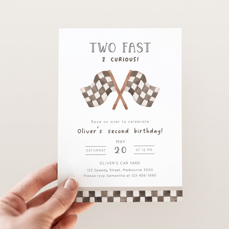 TWO Fast 2 Curious Racing Invitation, Editable Template, Racing Flags Invite, Two Fast B'day Invite, Racing Car Party, Digital Download image 1