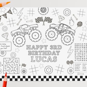 Editable Monster Truck Activity & Coloring Page, Monster Trucks Birthday Party Placemat, Printable Kids Activity Games, Digital Download