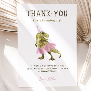 Dinosaur & Tutu Thank You Card, Editable Template, Girl T-Rex Birthday Thank You Card, Dino Pink Tutu Party Thank You Note, Digital Download