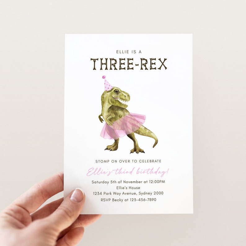 Dinosaur & Tutu Birthday Invitation Editable Template Pink Etsy