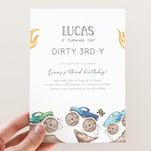 Monster Truck Dirty 3RD-Y Einladung, bearbeitbare Monster Truck 3. Geburtstag einladen, Blau & Grün RacingTruck Invite Vorlage, digitaler Download