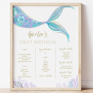 Poster modificabile della pietra miliare della sirena, decorazione di compleanno della sirena blu viola, sirena 1st Bday Stat Board, Under The Sea Party, download digitale