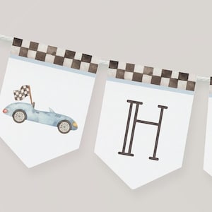 Baby Blue Car Alles Gute zum Geburtstag Banner, druckbare Rennwagen-Partygirlande, bearbeitbare Vintage Car Racing B'day Banner Vorlage, digitaler Download