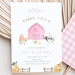 Girl Three-I-E-I-O Farm 3rd Birthday Party Invitation, Editable Pink Barn & Farm Animals Minimalist B&#39;day Party Invite, Digital Download