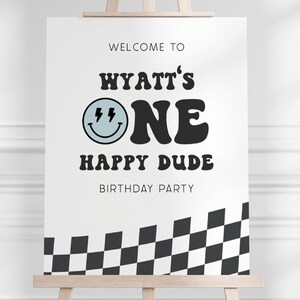 One Happy Dude Welcome Sign, Editable Template, Blue Smiley Face B'day Party Sign,  Boy Blue Happy Dude 1st B'day Decor, Digital Download