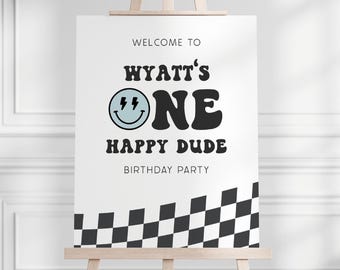 Letrero de bienvenida "Un tipo feliz", plantilla editable, letrero de cumpleaños con cara sonriente azul, decoración de primer cumpleaños para niño, descarga digital