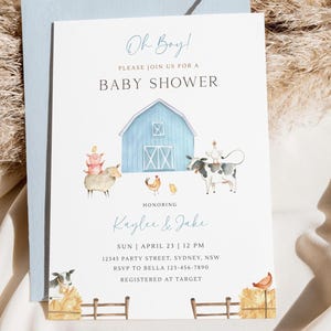 Invito per baby shower "Fienile Blu", invito modificabile per baby shower "Animali da fattoria, è un maschietto", festa minimalista in fattoria, download digitale