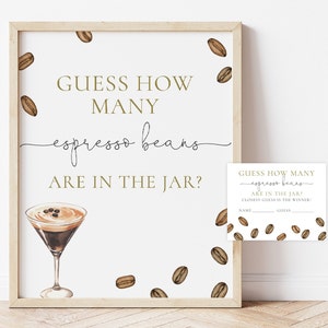 Combien de grains d'espresso sont dans le bocal signe & carte-réponse, l'amour est en préparation, café Martini Showers nuptiales Party Game signe, téléchargement numérique