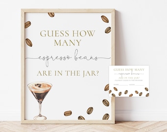 May include: A printable game card with the text "Guess how many espresso beans are in the jar?" and a graphic of a martini glass with espresso beans. A smaller card with the text "Guess how many espresso beans are in the jar? Closest guess is the winner!" is also shown.