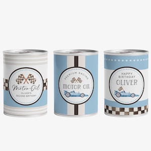Blue Race Car Motor Oil Can Wrapper, Racing Car Motor Oil Tin Can Decor Label, Two Fast Race Car B&#39;day Party Decor, Digital Download