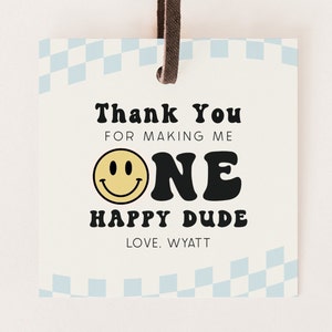 Editable One Happy Dude Favors Tag, Boy 1st Birthday, Printable Smiley Face Thank You Tag, Retro Blue One Happy Dude Party, Digital Download