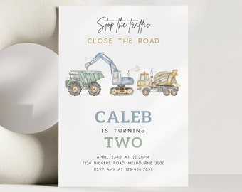 Any Age Construction Birthday Party Invitation, Editable Template, Muted Excavator Dump Truck Invite, Digger Truck Bday, Digital Download