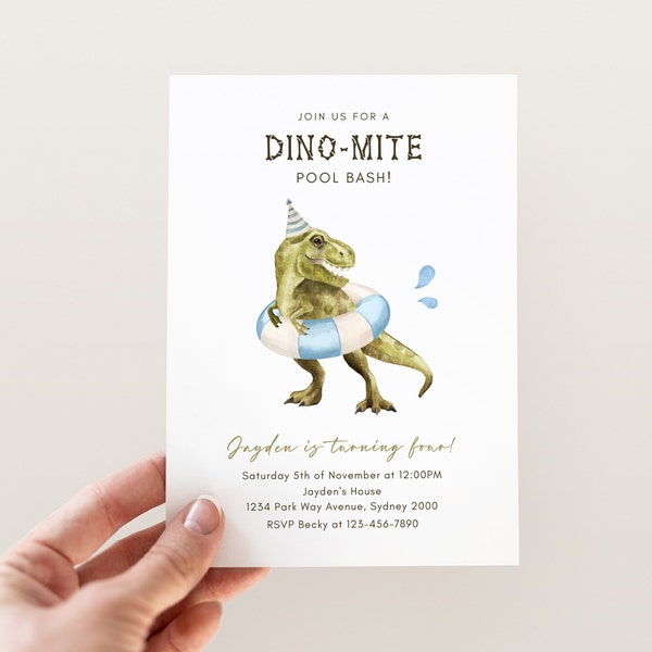 Editable Dinosaur Pool Birthday Invitation, T-Rex Pool Float Invite, Any Age Dino Pool B'day Party, Dino Swimming Invite, Digital Download