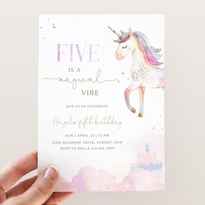 May include: A birthday invitation with a watercolor unicorn illustration. The text reads "FIVE is a magical VIBE" and includes details for Hazel's fifth birthday: date, time, and location in Sydney, NSW.