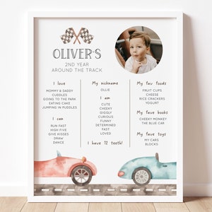 Placa de marco de aniversário de corrida editável com foto, pôster de marco de dois dias rápidos, placa de aniversário de carros vermelhos e azuis vintage, download digital