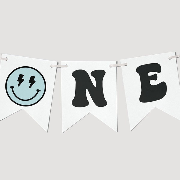 One Happy Dude 1st Birthday High Chair Banner, Blue Smiley 1st B'day ONE Banner, Blue One Happy Dude High Chair Decoration, Digital Download