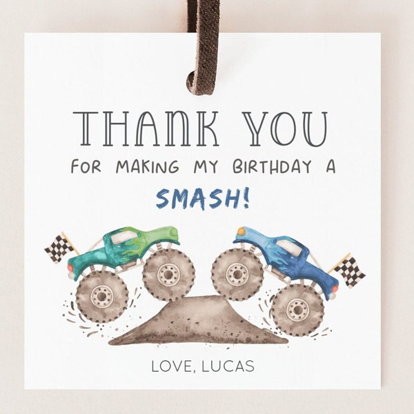 Monster Truck Party Favors Tag, Editable Template, Blue & Green Monster Truck Thank You Tag, Racing Monster Truck Birthday, Digital Download