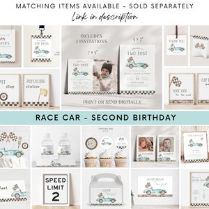 May include: A set of printable party decorations for a second birthday with a race car theme. The decorations include invitations, thank you cards, water bottle labels, cupcake toppers, favor boxes, and signs. The decorations are in a blue, green, and brown color scheme with a checkered pattern.
