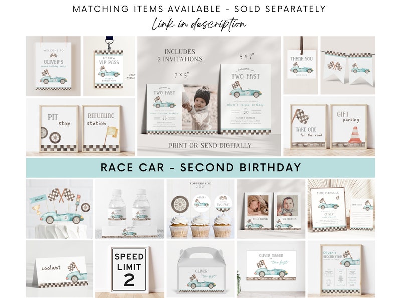 May include: A set of printable party decorations for a second birthday with a race car theme. The decorations include invitations, thank you cards, water bottle labels, cupcake toppers, favor boxes, and signs. The decorations are in a blue, green, and brown color scheme with a checkered pattern.