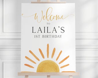 Sunshine 1st Birthday Welcome Sign, Editable Template, Boho Sun First Birthday Party Signs, Little Sunshine B'day Decor, Digital Download