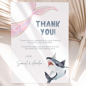 Carte de remerciement requin et sirène, queue de sirène rose modifiable grand requin blanc anniversaire commun Note de remerciement frères et sœurs B'day, téléchargement numérique