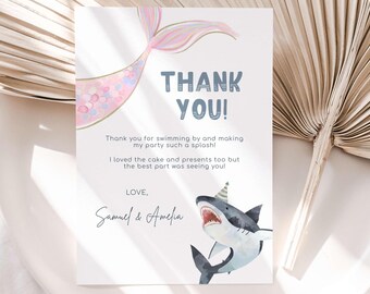 May include: A thank you card with a mermaid tail and a shark wearing a party hat. The card says "THANK YOU!" and includes a message of gratitude. The card is signed "Samuel & Amelia".
