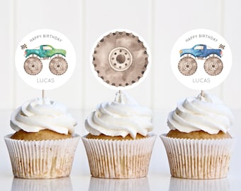 Editable Monster Truck Cupcake Topper, Blue & Green Monster Truck Happy B'day Cupcake Decor, Racing Trucks Party Decor, Digital Download