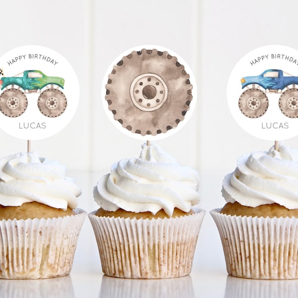 Topper editable de Monster Truck Cupcake, azul y verde Monster Truck Happy B'day Cupcake Decor, decoración de fiesta de camiones de carreras, descarga digital