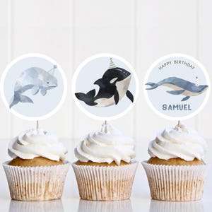 Whale Cupcake Toppers, Editable Template, Boys Under The Sea Whales B&#39;day Round Cupcake Decor, Orca Whale Birthday Party, Digital Download