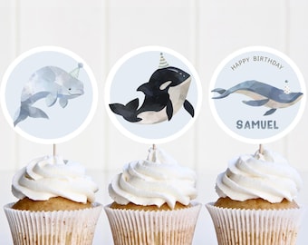 Adornos para cupcakes de ballena, plantilla editable, decoración redonda para cupcakes de cumpleaños de ballenas submarinas para niños, fiesta de cumpleaños de orca, descarga digital