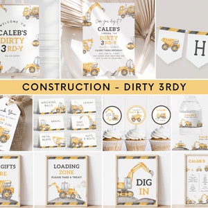 Dirty 3rdy Construction Birthday Invitation Bundle, Editable Template, Construction Truck 3rd B&#39;day Party Invite & Signs, Digital Download