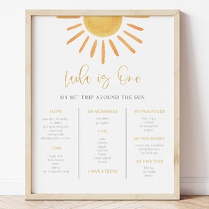 Affiche d'anniversaire anniversaire Premier voyage autour du soleil, signe d'étape important Sun B'day modifiable, fête d'anniversaire minimaliste du 1er anniversaire de Sun, téléchargement numérique