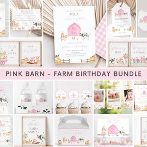 May include: Pink barn themed birthday party printable bundle with a variety of items including invitations, thank you tags, water bottle labels, cupcake toppers, and more. The design features a pink barn, farm animals, and the text "Mila is turning two".