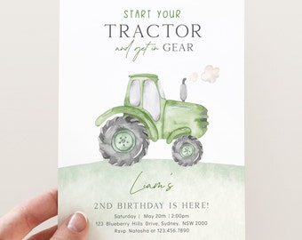 Plantilla editable de invitación de cumpleaños de tractor, invitación a fiesta de cumpleaños de tractor verde de cualquier edad, cumpleaños de granja de tractor verde, descarga digital