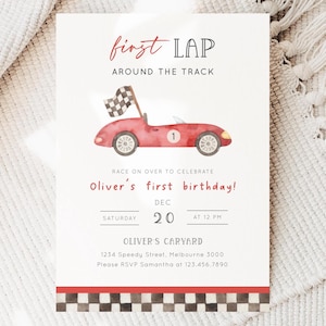First Lap Red Car Birthday Invitation, Editable Racing Car 1st B'day Party, Vintage Car 1st Lap Around The Track Invite, Digital Download