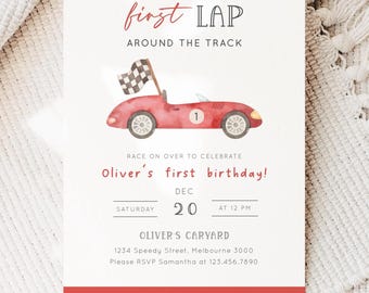 Invitación de cumpleaños de primer vuelta en coche rojo, fiesta de primer cumpleaños de coche de carreras editable, invitación de primera vuelta en coche clásico alrededor de la pista, descarga digital
