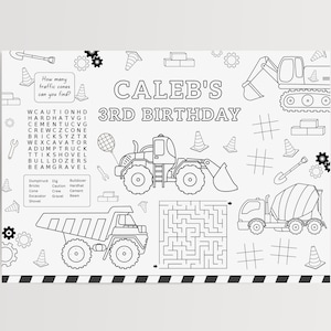 Attività di costruzione modificabile e pagina da colorare, tovaglietta per festa di compleanno di camion da costruzione, compleanno di costruttori per bambini stampabile, download digitale