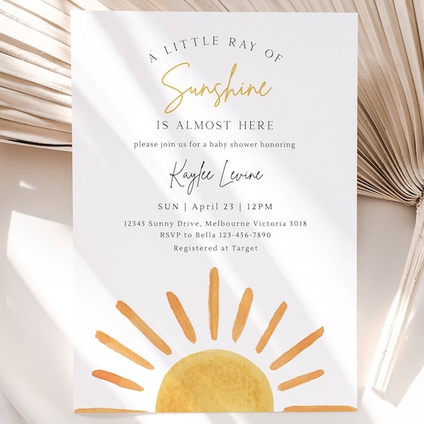 Sunshine Baby Shower Invitation, Editable Template, Gender Neutral Shower Invite, A Little Ray of Sunshine Baby Shower, Digital Download