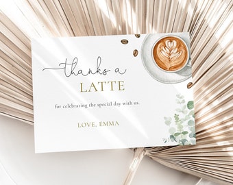 Thanks A Latte Thank You Card, Editable Template, Coffee Greenery Bridal Shower Thank You Note, Thank You A Latte Card, Digital Download